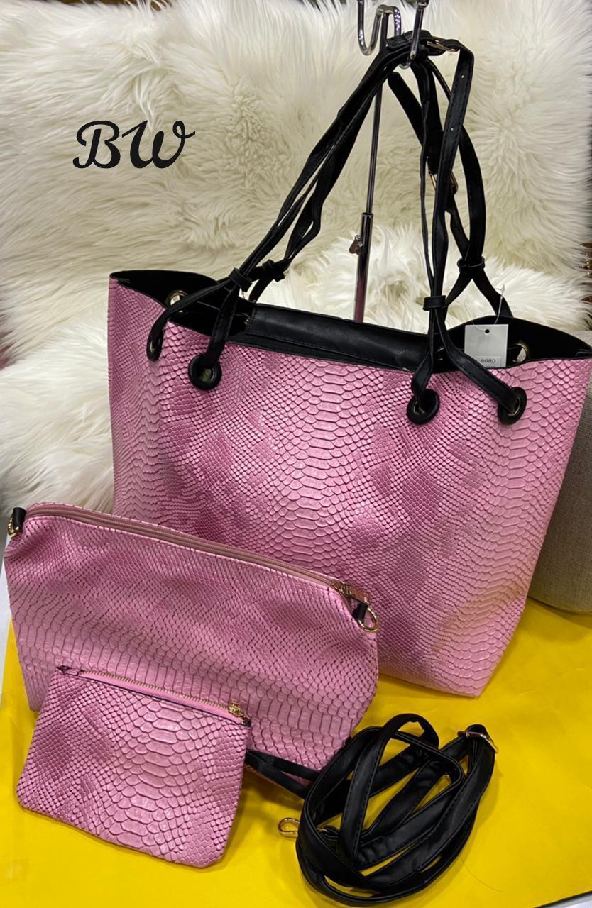 CROCO LEATHER FINISH THREE PEICE  HAND BAG COMBO WITH PREMIUM  AND CLASSY CROCO LOOK WITH  LONG BELT -SHARA001CF