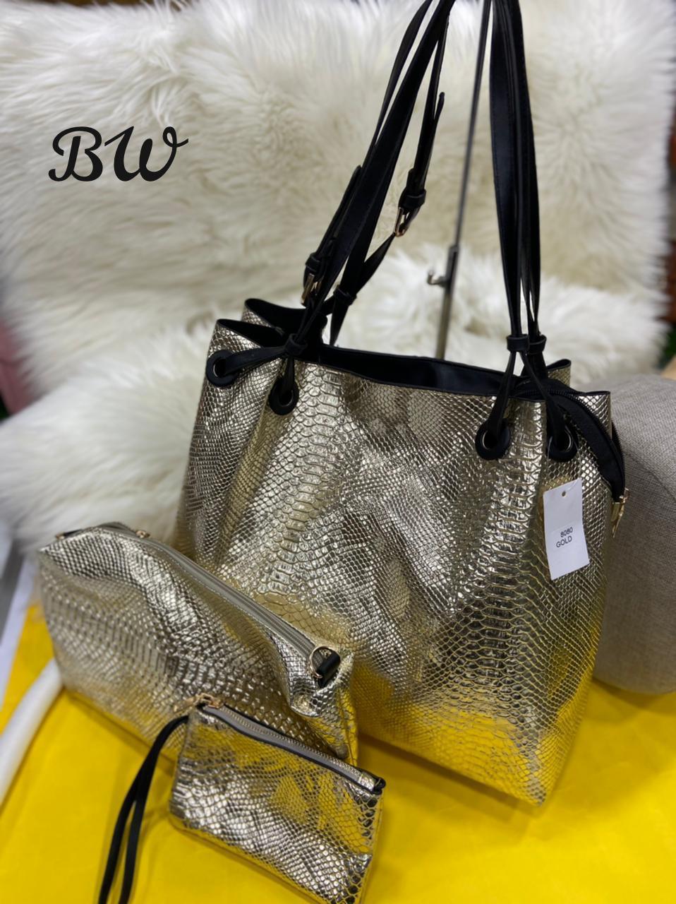 CROCO LEATHER FINISH THREE PEICE  HAND BAG COMBO WITH PREMIUM  AND CLASSY CROCO LOOK WITH  LONG BELT -SHARA001CF