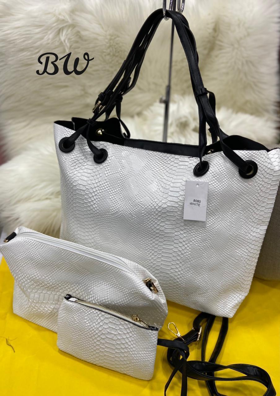 CROCO LEATHER FINISH THREE PEICE  HAND BAG COMBO WITH PREMIUM  AND CLASSY CROCO LOOK WITH  LONG BELT -SHARA001CF