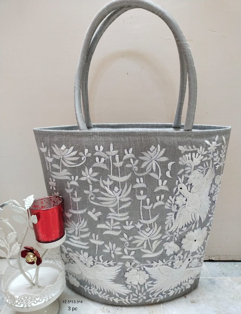 GREY  SHADE ELEGANT EMBROIDERED SILK HAND BAGS FOR WOMEN -RG001SBGR