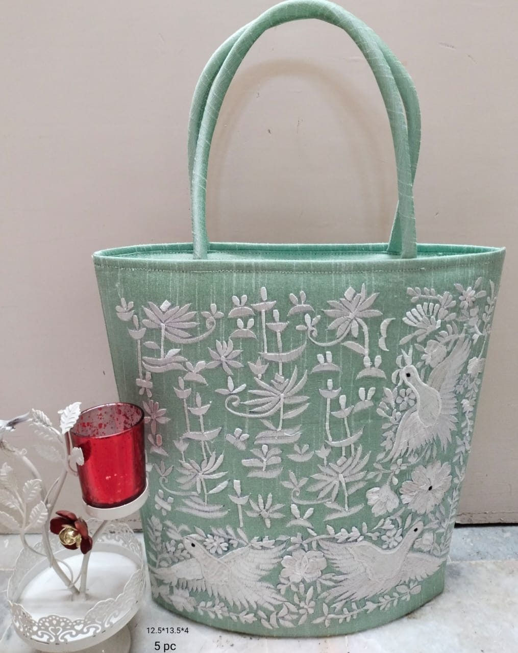 PASTEL GREEN SHADE ELEGANT EMBROIDERED SILK HAND BAGS FOR WOMEN -RG001SBPG