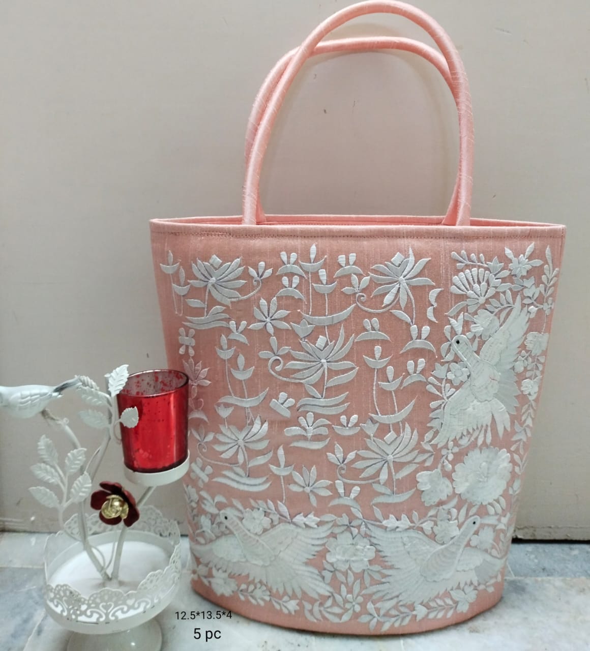 PEACH SHADE ELEGANT EMBROIDERED SILK HAND BAGS FOR WOMEN -RG001SBP