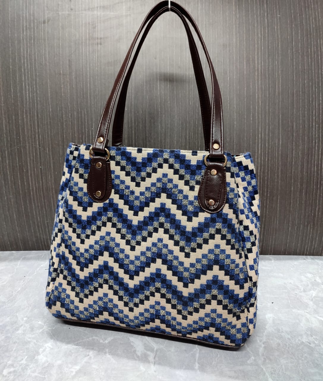 ZIGZAG BLUE  SHADE , Jacquard 3 partition Tote for Women-SAHARA001E