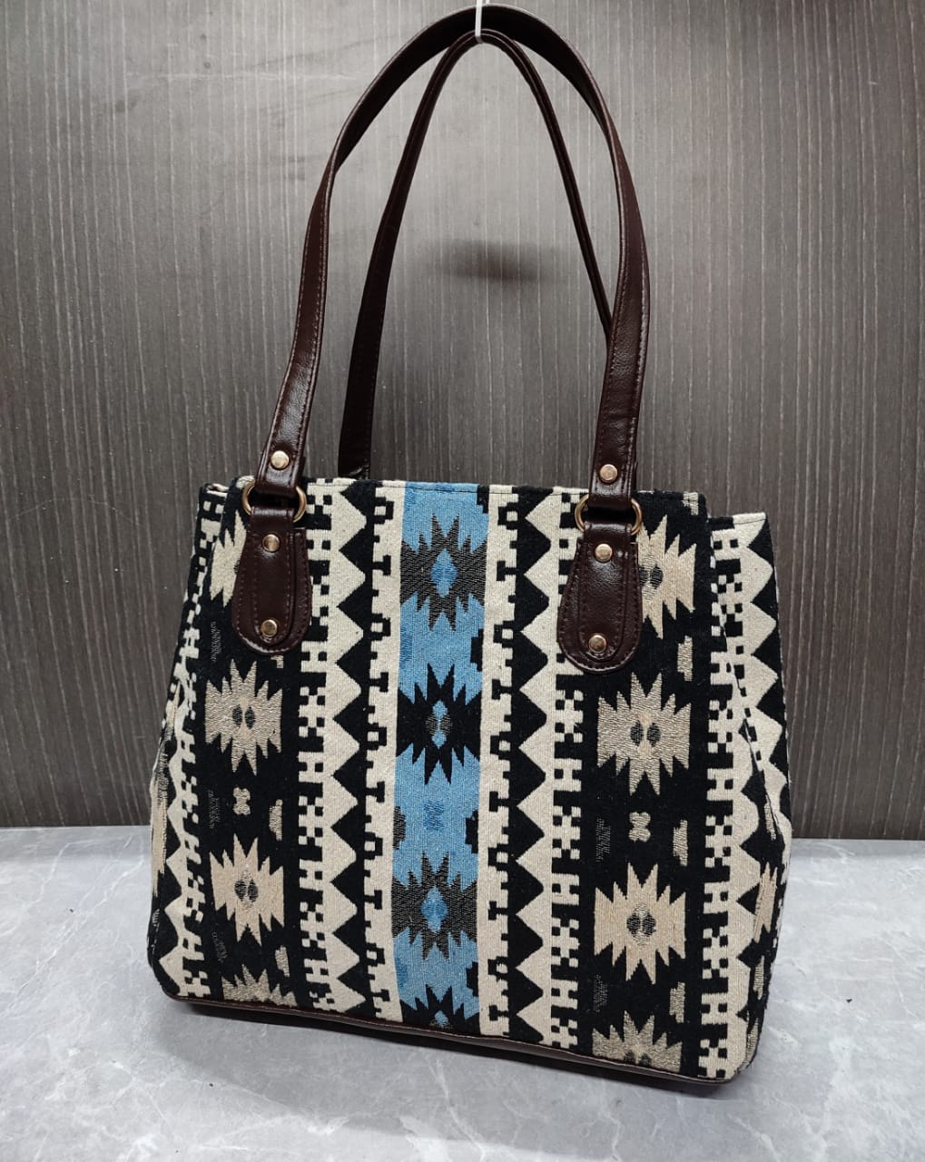 BLACK AND BLUE  SHADE, Jacquard 3 partition Tote for Women-SAHARA001E