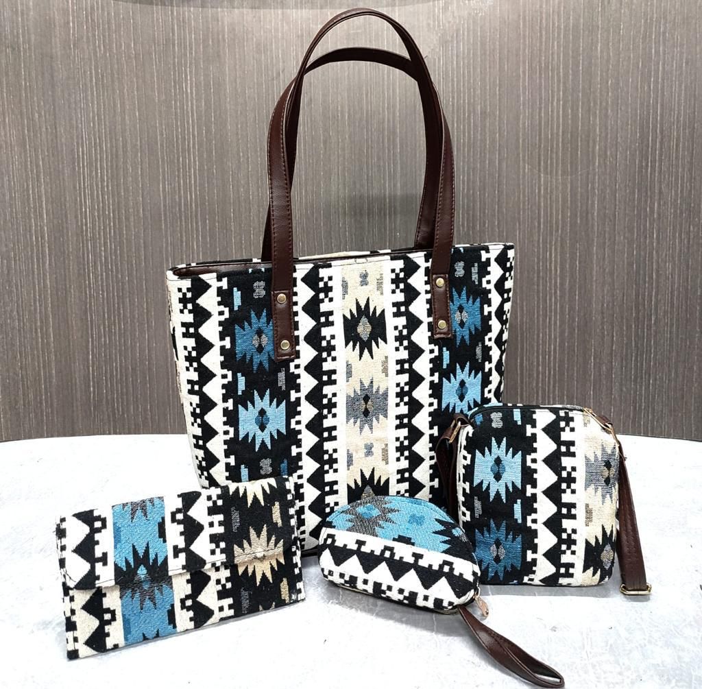 Blue  and white   Jacquard   Bag Combo for women-SAMAR001BCF
