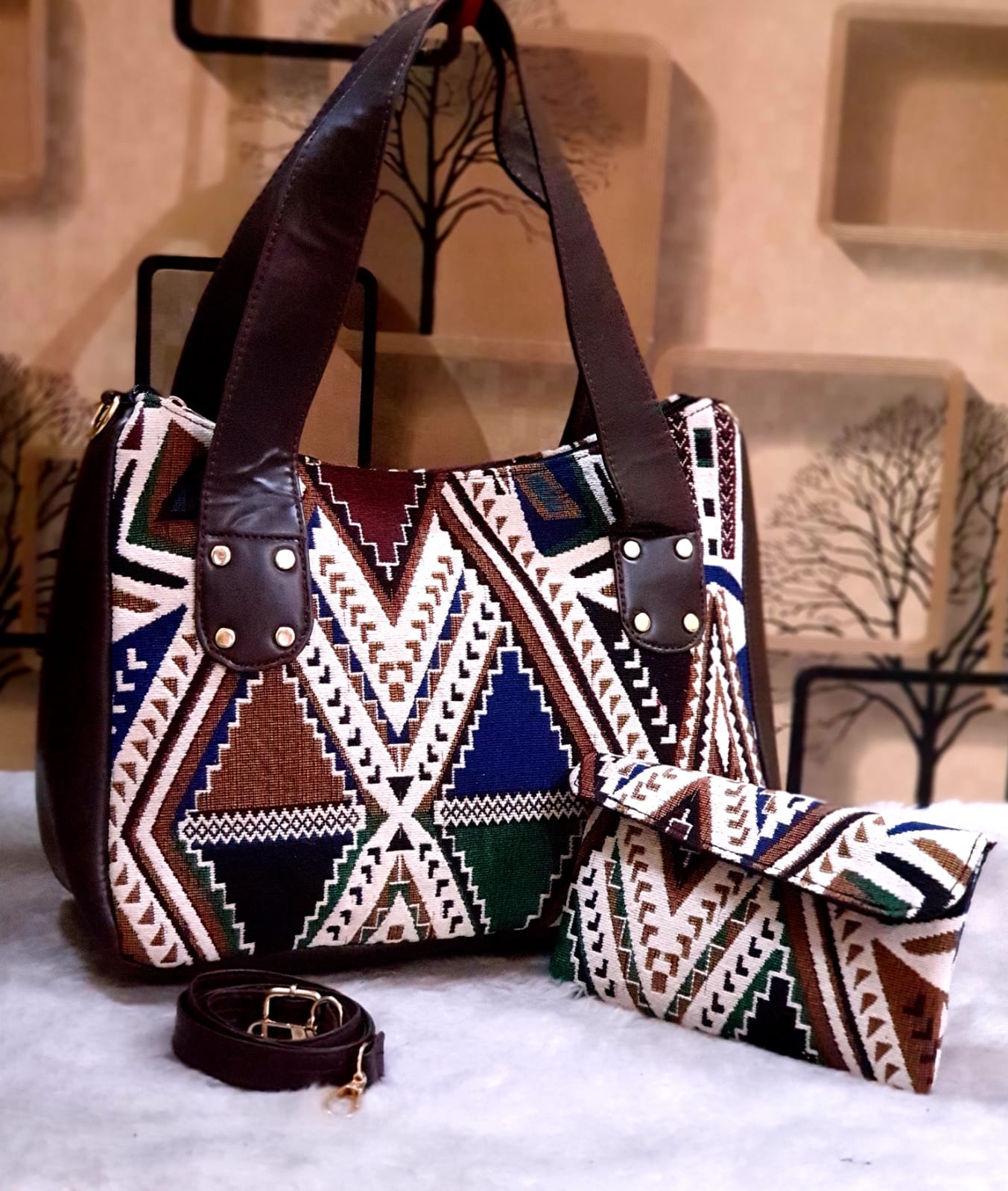 Supreme Jacquard Hand bag with Mobile Pouch-TBC001JHBG