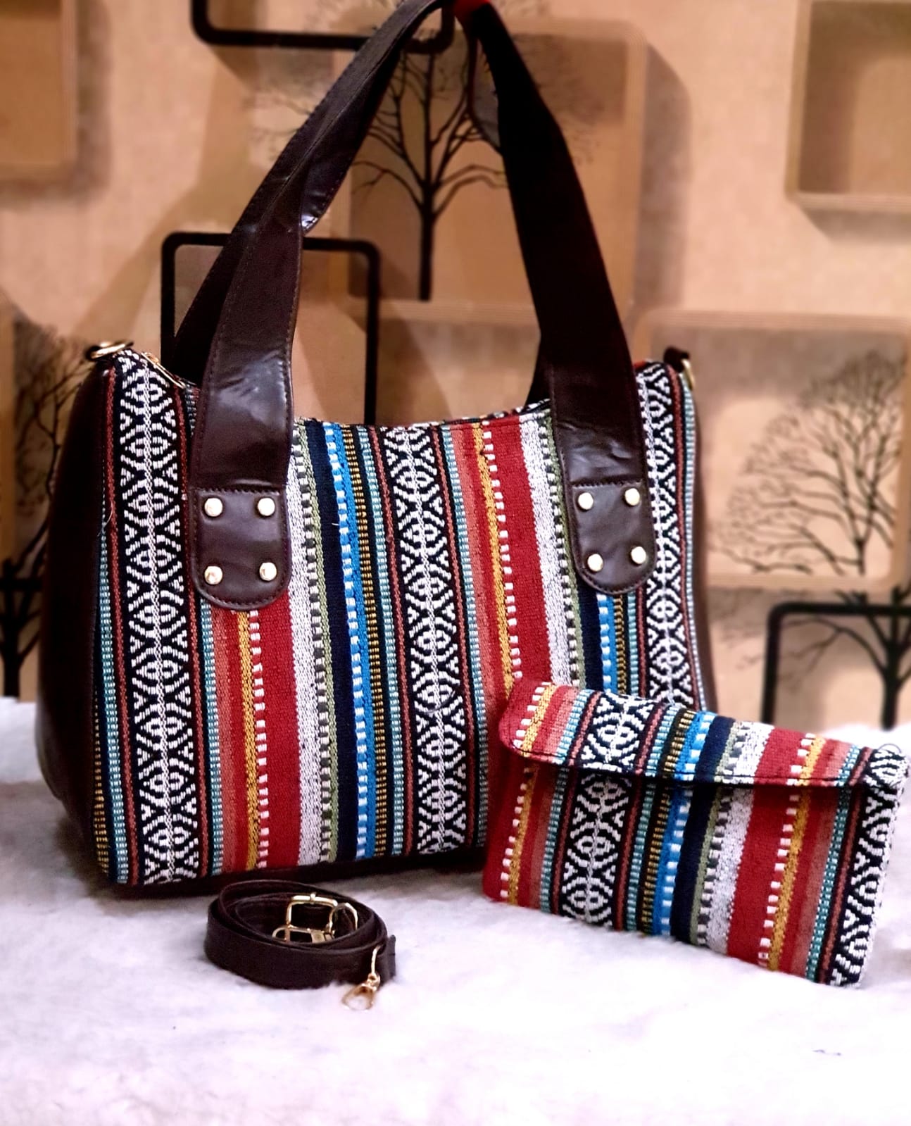 Supreme Jacquard Hand bag with Mobile Pouch-TBC001JHBE