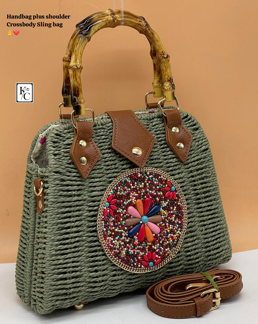 Green Lily , Green Traditional Boho Style Rattan Sling Bag for women -MK001RBB