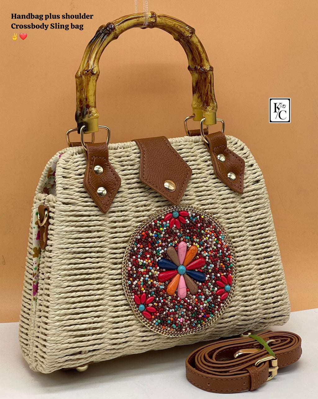 Cream Love ,Traditional Boho Style Rattan Sling Bag for women -MK001RBD