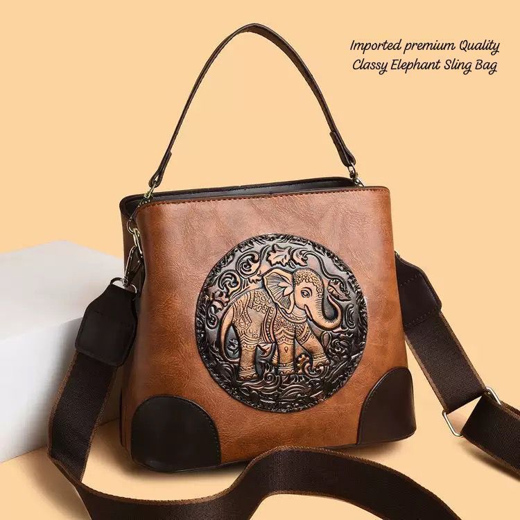 Tan Brown Premium Classy Leather Look Elephant Design  Broad Belt Sling Bag for women -GUP001TBR