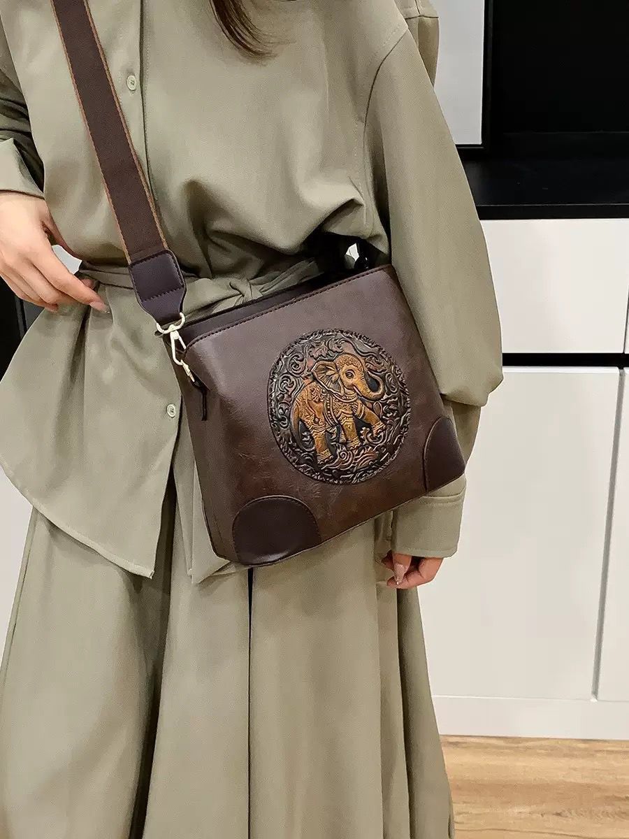 Deep Brown Premium Classy Leather Look Elephant Design Broad Belt Sling Bag for women -GUP001TBR