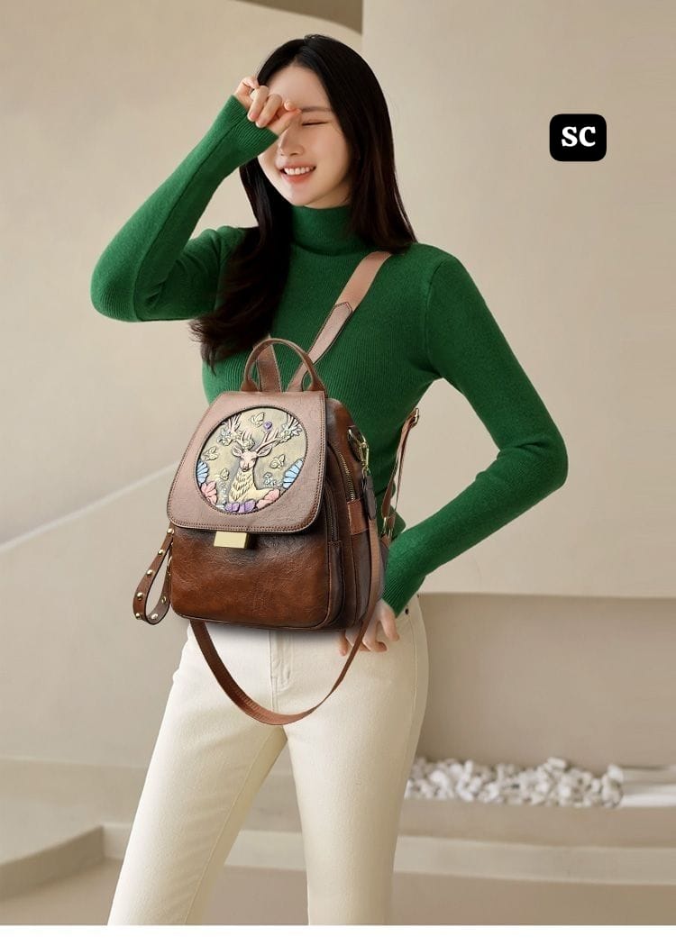 Tan Brown shade Deer Design Beautiful Backpack for Women -SC001BPT