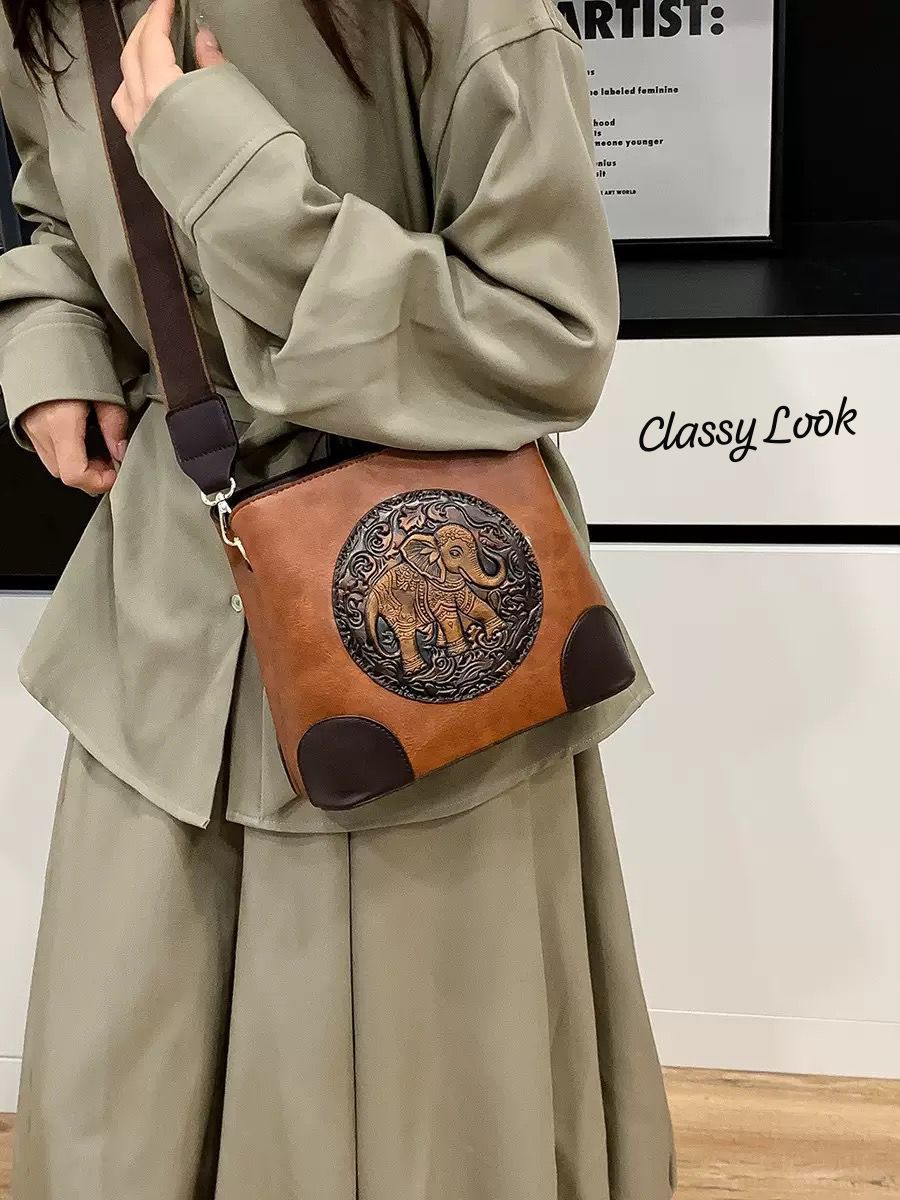 Tan Brown Premium Classy Leather Look Elephant Design  Broad Belt Sling Bag for women -GUP001TBR