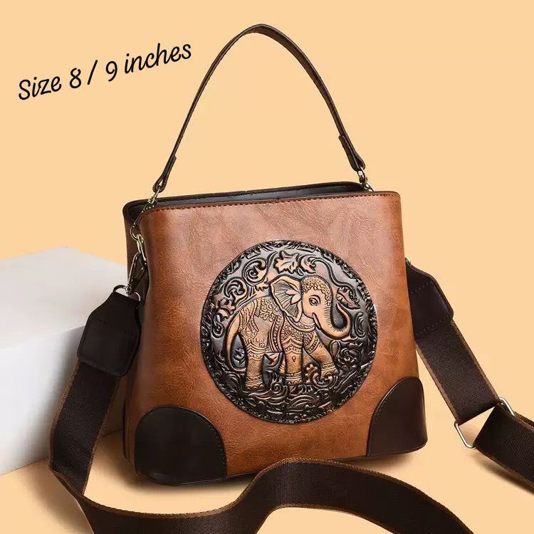 Tan Brown Premium Classy Leather Look Elephant Design  Broad Belt Sling Bag for women -GUP001TBR